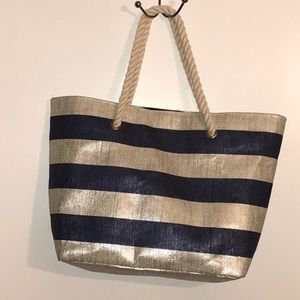 Blue and Silver stripe Metallic Beach Bag